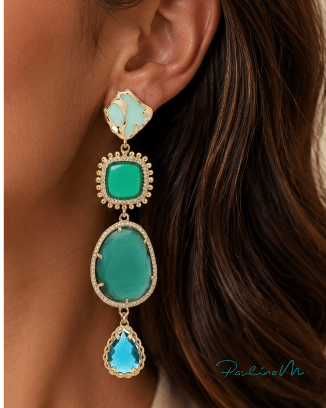 Smaragd Green Blue lange oorbellen - Afbeelding 2