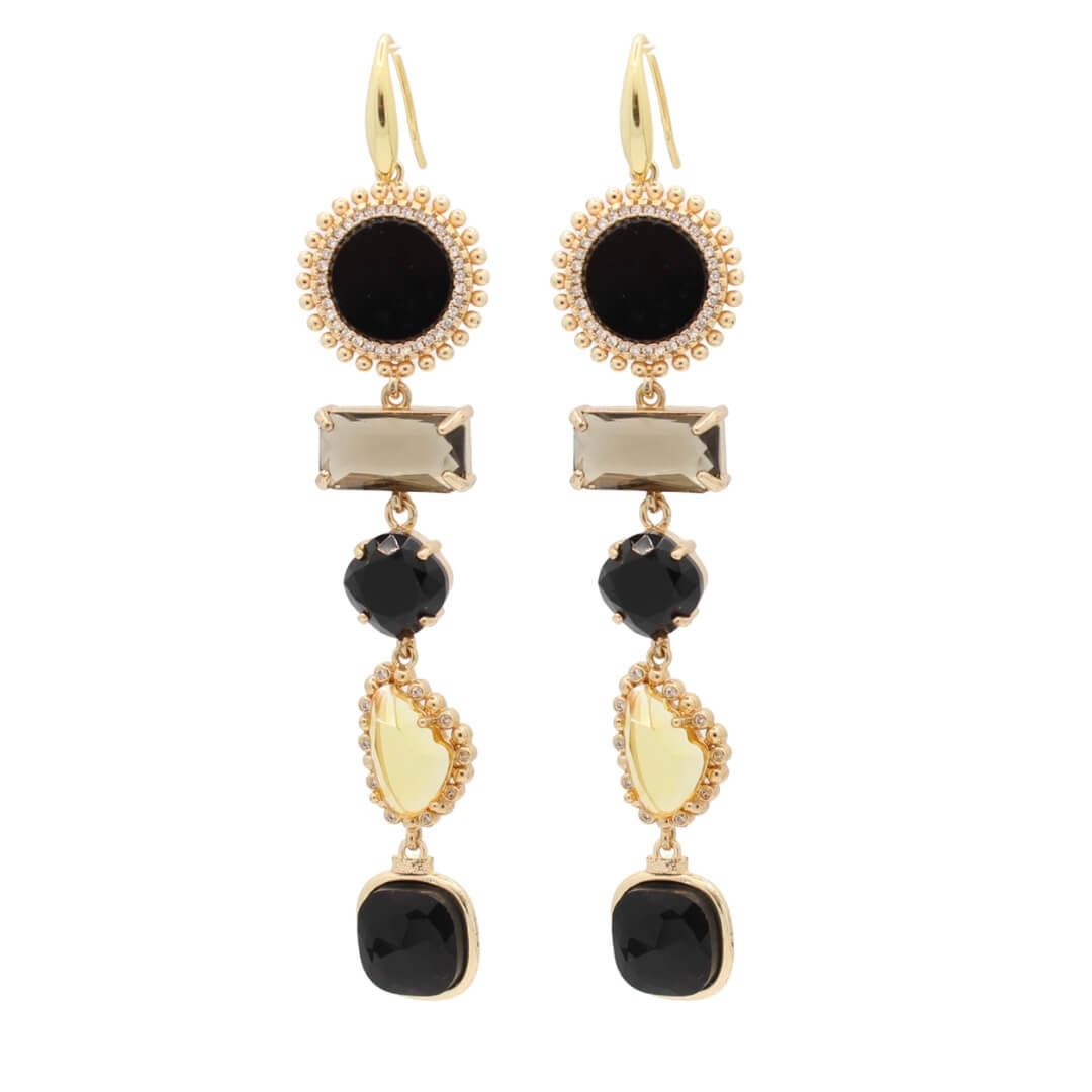 Cannes Black Onyx oorbellen van verguld sterling zilver met vijf hangers van zwarte onyx, taupe kristal, goudgeel kristal en zirconia – handgemaakt door PaulinaM Jewelry Creations