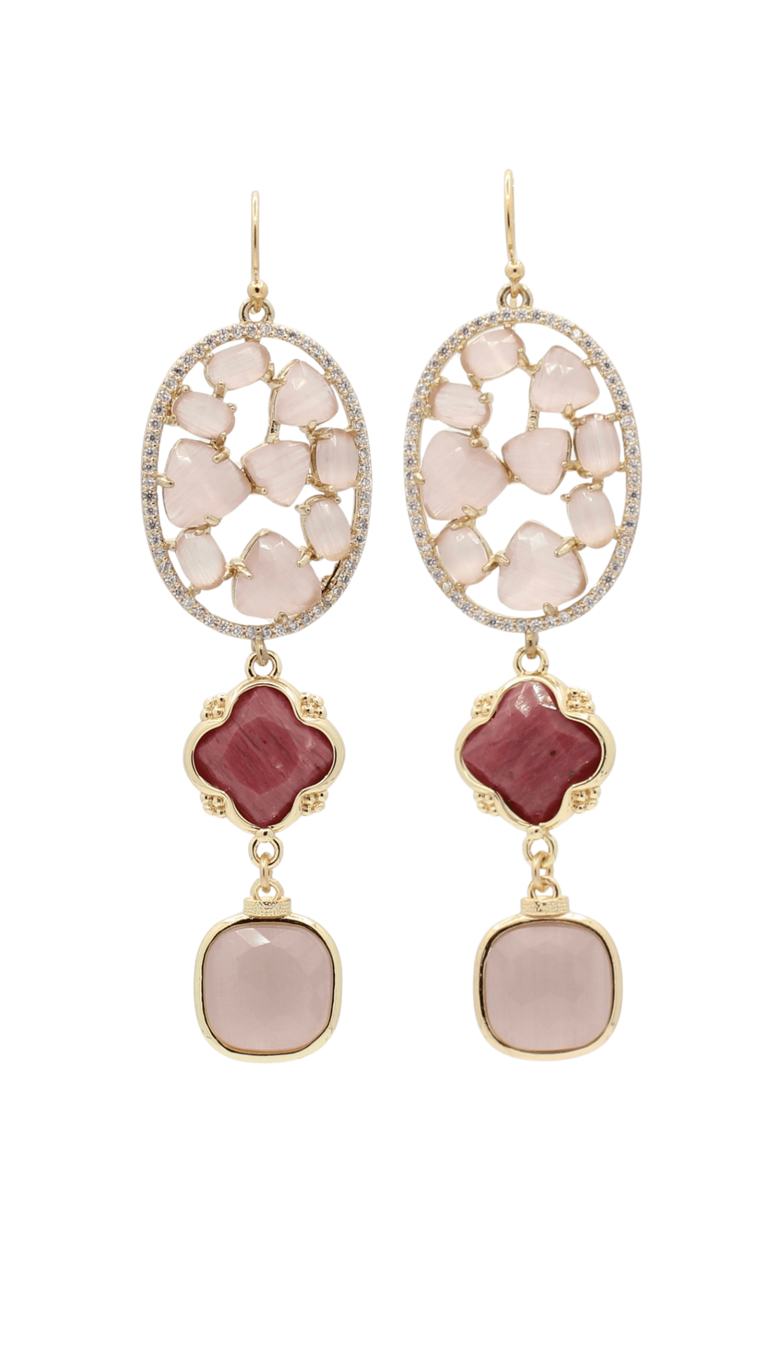 Madrid lange goldfilled oorbellen met poeder roze Cat’s Eye, fuchsia agaat en zirconia