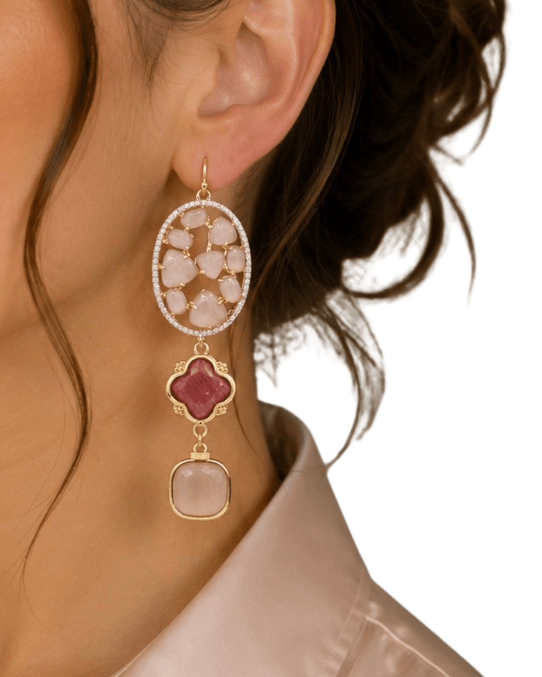 Madrid lange goldfilled oorbellen met poeder roze Cat’s Eye, fuchsia agaat en zirconia