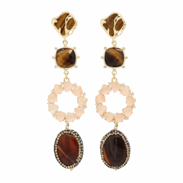 Luxor oorbellen met tijgeroog schijf, tijgeroog hanger met zirkonia, zalmroze Cat’s Eye krans en gemêleerd bruine hanger met marcasiet rand, 9 cm lang en allergievrij