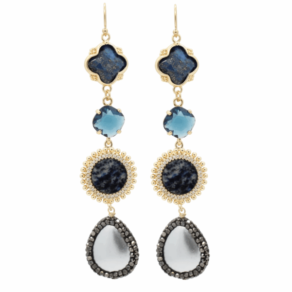 Handgemaakte goldfilled oorhangers met blauwe sodaliet, blauw kristal, ronde sodaliet, grey pearl en zwarte marcasite van 9 cm