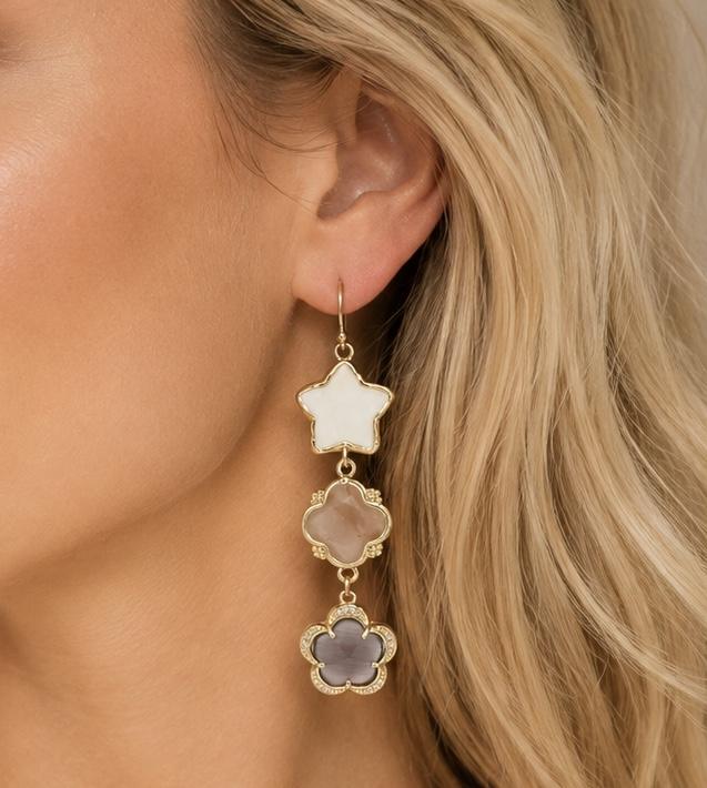 Positano-Gold Filled Oorhangers met Witte Maansteen Ster, Aardbeienkwarts & Bruine Cat’s Eye Bloem - Afbeelding 2