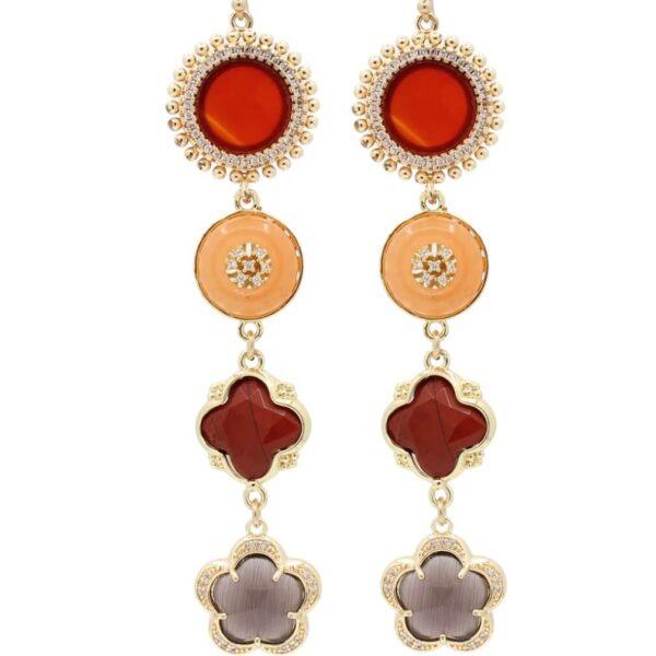 Knokke goldfilled oorbellen met carneool, Jasper, zirconia en bloem