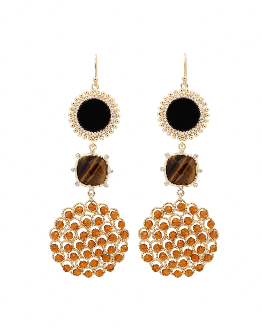 Marron goldfilled oorbellen met zwart onyx, tijgeroog en amberkleurige beads