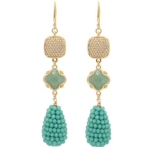 Lange vergulde zilveren oorbellen met zirkonia, amazoniet en turquoise kraaltjes